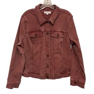 New Directions Red Jean Jacket Coat Womens L Distressed Denim Button Up